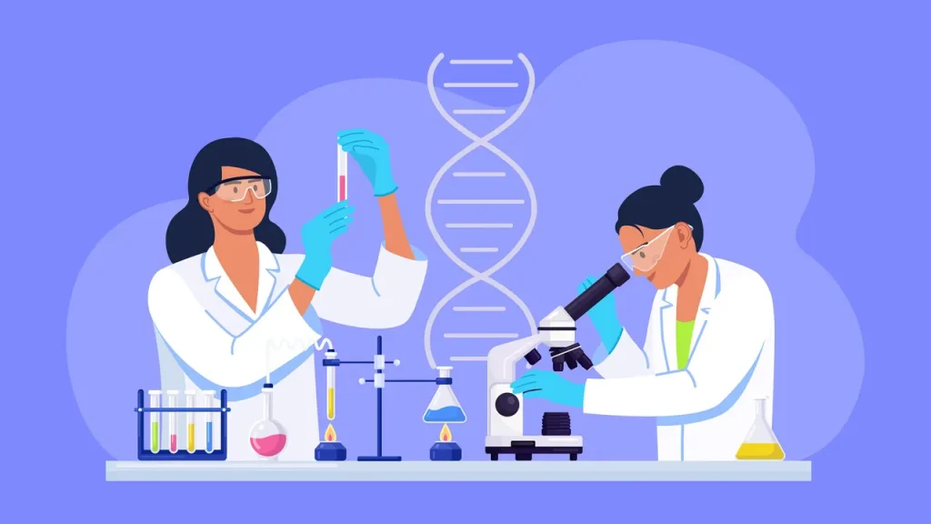 An illustration of two female scientists working in a laboratory beside a DNA helix
