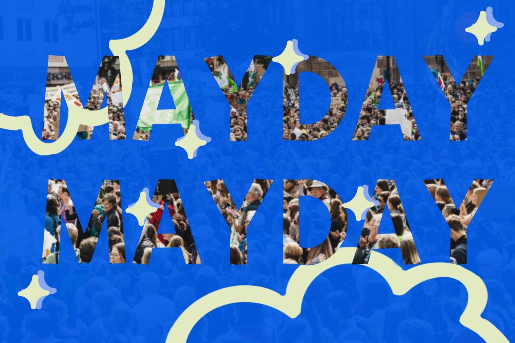 MAYDAY MAYDAY graphic with photos filling the lettering on a blue background
