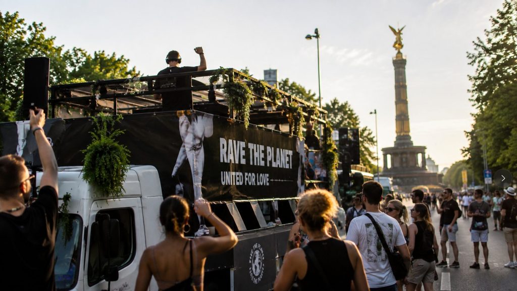 DJ performing from a music truck during the Rave the Planet Berlin 2026 parade in Berlin.