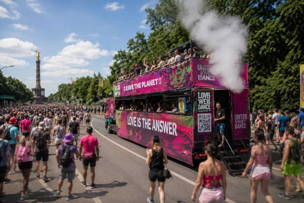 Music truck during the Rave the Planet Berlin 2026 parade in Berlin.
